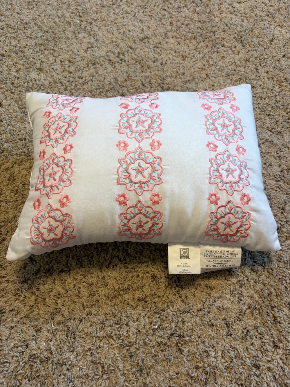 Embroidered Floral Stripe Accent Pillow - White with Coral and Aqua